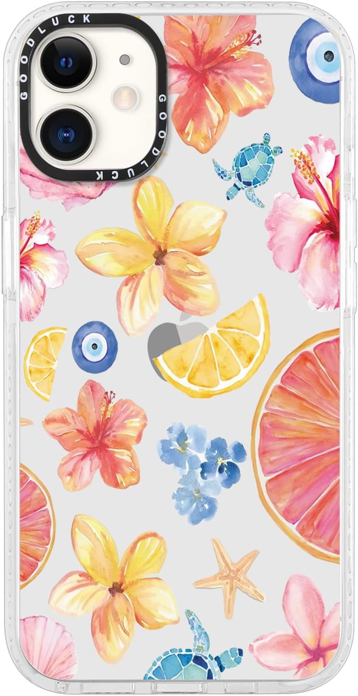Cute Colorful Hibiscus Flower Clear Phone Case for iPhone 12 Pro/iPhone 12 6.1", Aesthetic Summer Seashell Lemon Floral Pattern Girls Women Cover Shockproof Soft TPU Bumper Protection Funda