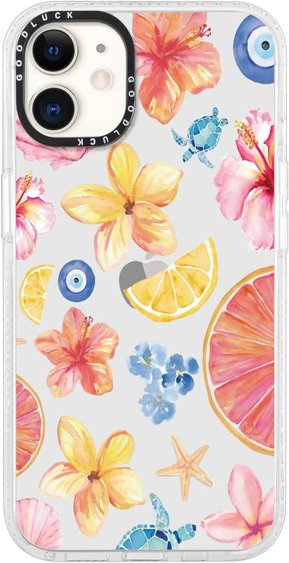 Cute Colorful Hibiscus Flower Clear Phone Case for iPhone 12 Pro/iPhone 12 6.1", Aesthetic Summer Seashell Lemon Floral Pattern Girls Women Cover Shockproof Soft TPU Bumper Protection Funda