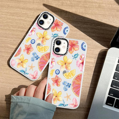 Cute Colorful Hibiscus Flower Clear Phone Case for iPhone 12 Pro/iPhone 12 6.1", Aesthetic Summer Seashell Lemon Floral Pattern Girls Women Cover Shockproof Soft TPU Bumper Protection Funda