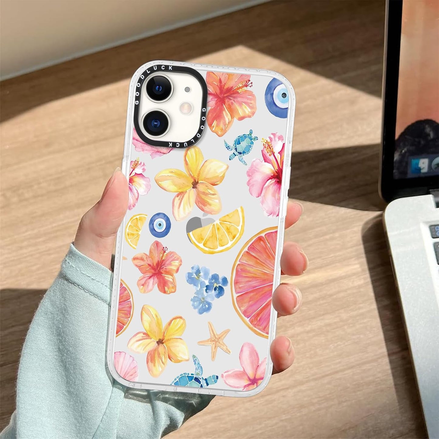 Cute Colorful Hibiscus Flower Clear Phone Case for iPhone 12 Pro/iPhone 12 6.1", Aesthetic Summer Seashell Lemon Floral Pattern Girls Women Cover Shockproof Soft TPU Bumper Protection Funda