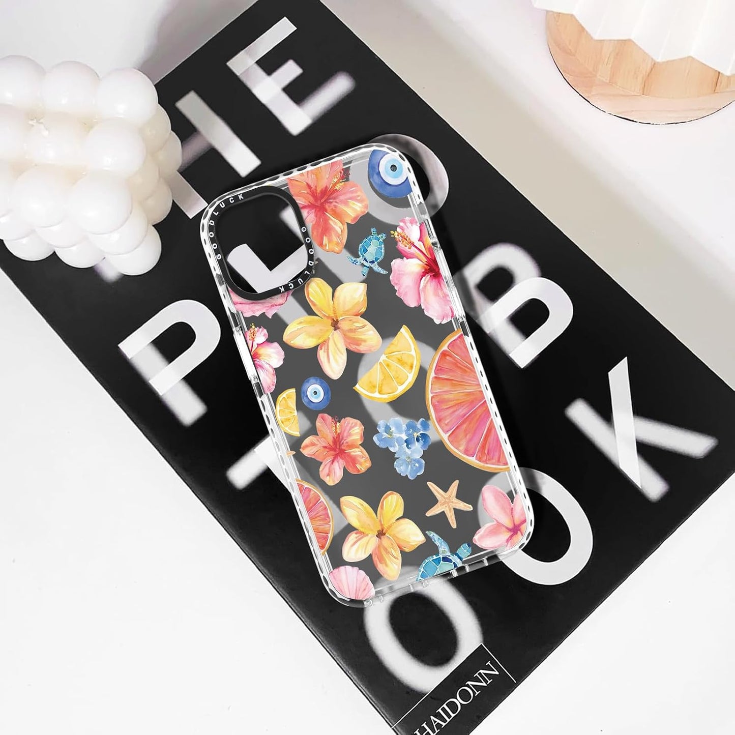 Cute Colorful Hibiscus Flower Clear Phone Case for iPhone 12 Pro/iPhone 12 6.1", Aesthetic Summer Seashell Lemon Floral Pattern Girls Women Cover Shockproof Soft TPU Bumper Protection Funda