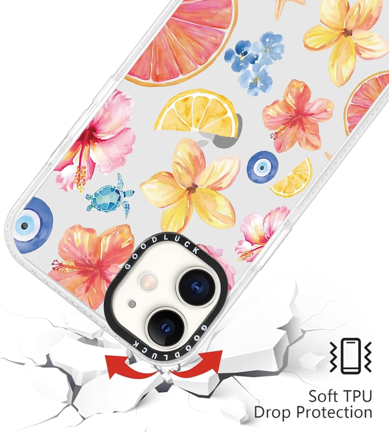 Cute Colorful Hibiscus Flower Clear Phone Case for iPhone 12 Pro/iPhone 12 6.1", Aesthetic Summer Seashell Lemon Floral Pattern Girls Women Cover Shockproof Soft TPU Bumper Protection Funda