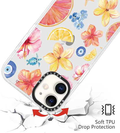 Cute Colorful Hibiscus Flower Clear Phone Case for iPhone 12 Pro/iPhone 12 6.1", Aesthetic Summer Seashell Lemon Floral Pattern Girls Women Cover Shockproof Soft TPU Bumper Protection Funda