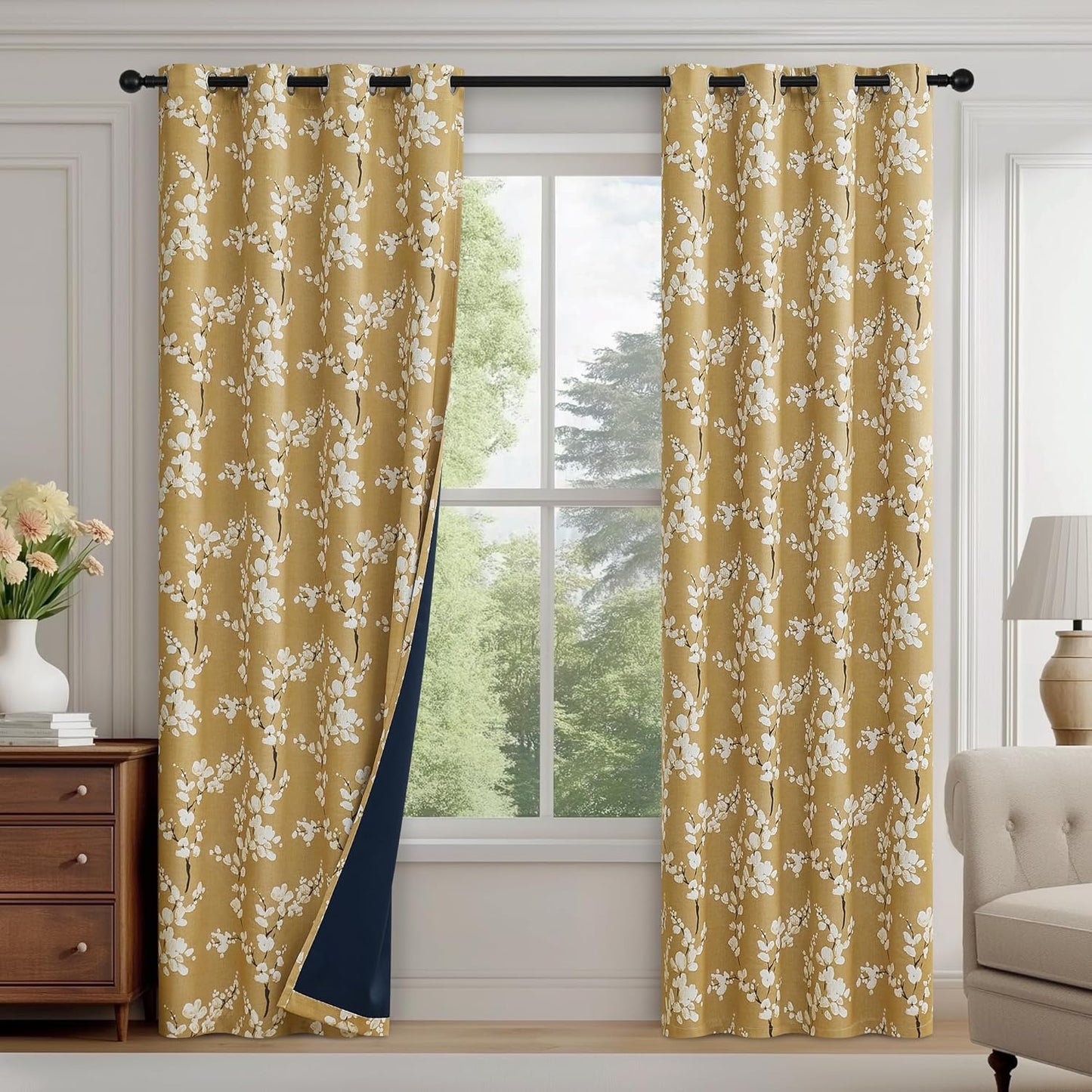 FMFUNCTEX 100% Blackout Floral Curtains for Bedroom, Mustard Yellow Curtain 84 inches Long Blossom Patterned for Living Room, Thermal Insulated Farmhouse Drapes, Grommet Top 2 Panels (White on Yellow)