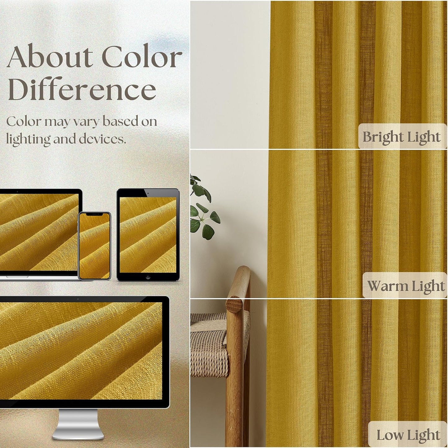 Mustard Yellow 90 Inch Linen Curtains Pinch Pleated for Living Room Bedroom Dining Boho Light Filtering Pinch Pleat Drapes Hooks Rings Back Tab Semi Sheer Gold Harvest Spring Window Curtains 2 Panels