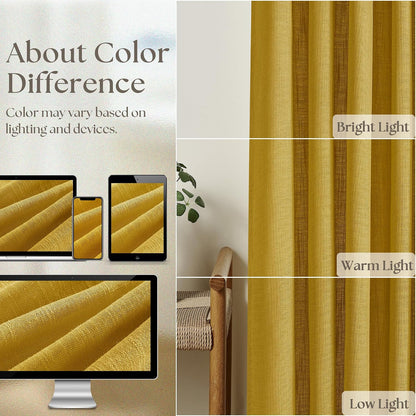 Mustard Yellow 90 Inch Linen Curtains Pinch Pleated for Living Room Bedroom Dining Boho Light Filtering Pinch Pleat Drapes Hooks Rings Back Tab Semi Sheer Gold Harvest Spring Window Curtains 2 Panels