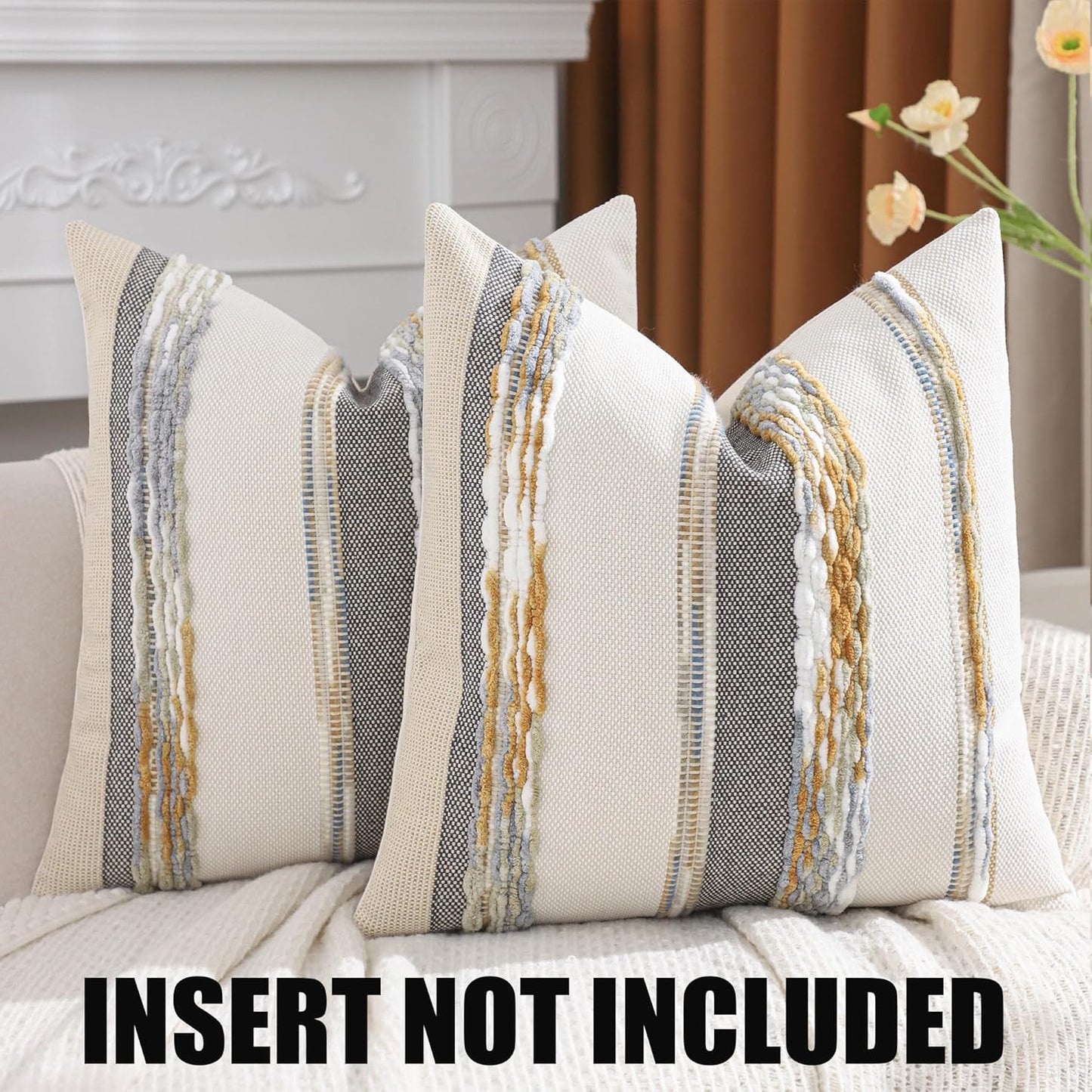 Boho Tufted Throw Pillow Covers 18x18 Set of 2 Striped Decorative Pillow Cases Accent Chenille Pillowcases Farmhouse Cushion Case Fall Autumn Home Decor for Sofa Bed Living Room,Yellow and Gray