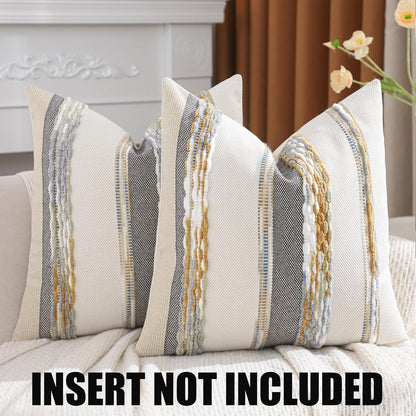 Boho Tufted Throw Pillow Covers 18x18 Set of 2 Striped Decorative Pillow Cases Accent Chenille Pillowcases Farmhouse Cushion Case Fall Autumn Home Decor for Sofa Bed Living Room,Yellow and Gray