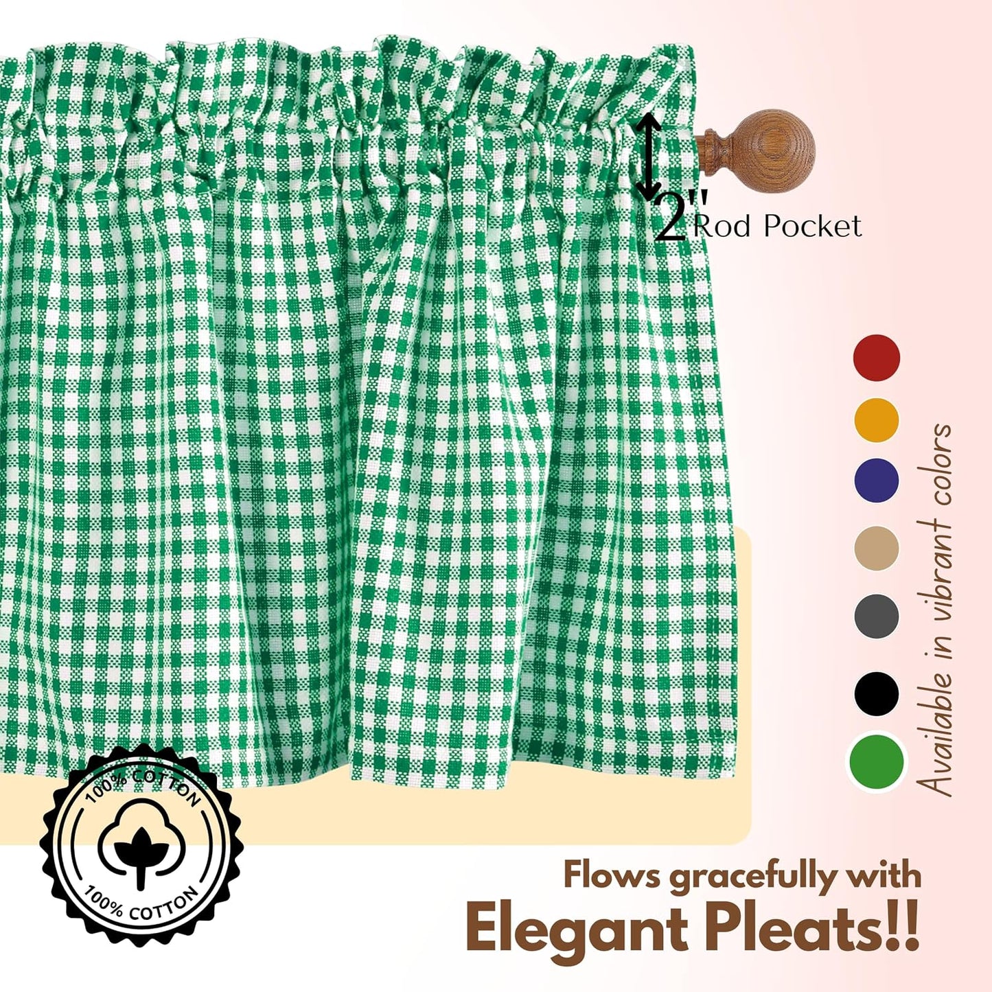 Native Fab Gingham Plaid Check 2 Pack Window Curtain Valance Set - Rod Pocket - Semi Sheer - Half Curtain for Kitchen, Bedroom, Living Room, Bathroom, Farmhouse - 54"x18" - Lemon Green