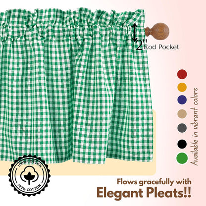 Native Fab Gingham Plaid Check 2 Pack Window Curtain Valance Set - Rod Pocket - Semi Sheer - Half Curtain for Kitchen, Bedroom, Living Room, Bathroom, Farmhouse - 54"x18" - Lemon Green