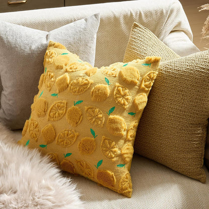 GIGIZAZA Pack of 2 Yellow Pillow Covers 20x20, Decorative Throw Pillows Cute Boho Farmhouse Covers for Couch Faux Fur Fruit Pattern Pillow Cases Embroidered Living Room Cushion Covers