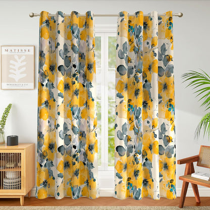 weesire 2 Pack Boho Floral Blackout Curtains, 52x84 Inches, Yellow Floral Pattern, Unlined, Grommet Top, Bedroom & Living Room