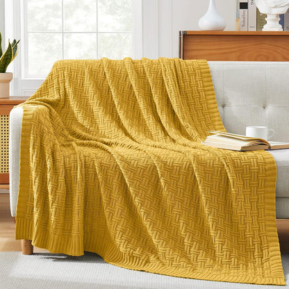 TREELY 100% Cotton Knitted Throw Blanket Couch Cover Blanket(31 x 40 Inches, Mustard Yellow)