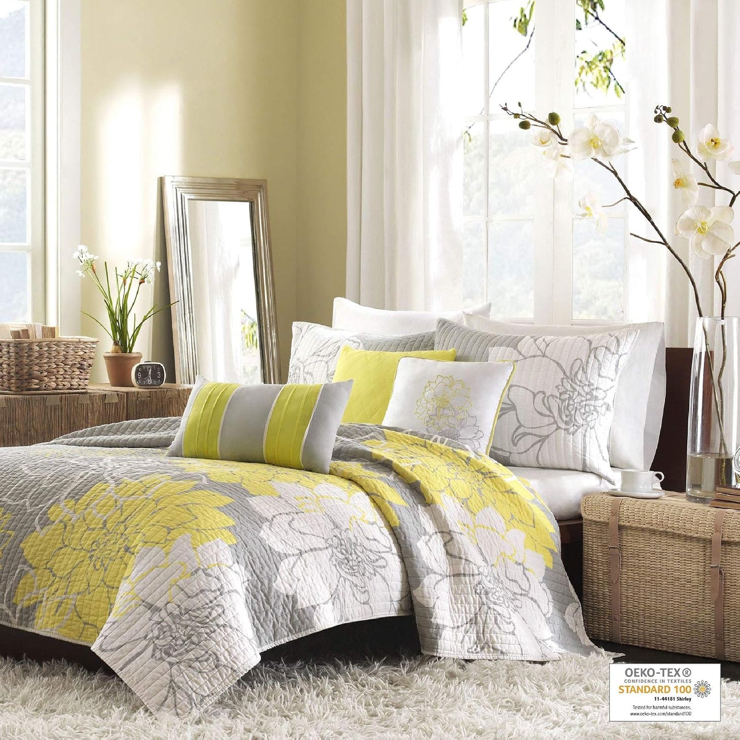 Madison Park Lola 100% Cotton Quilt Set - Casual Floral Channel Stitching Design, All Season, Lightweight Coverlet Bedspread Bedding, Shams, Decorative Pillows, King/Cal King(104"x94"), Yellow 6 Piece