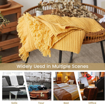 FALUCA Cotton Muslin Throw Blanket 50x60 Inches for Bed, Couch, Knit Woven Gauze Blanket, Soft Lightweight Cozy Breathable Farmhouse Decoration for All-Season, Mustard Yellow