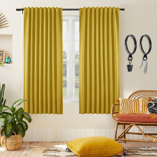 SHINELAND Mustard Yellow Retro Blackout Curtains 63 Inch Length, Thermal Insulated Boho Bright Color 70s Funky Curtains for Bedroom Living Room 2 Panel Set