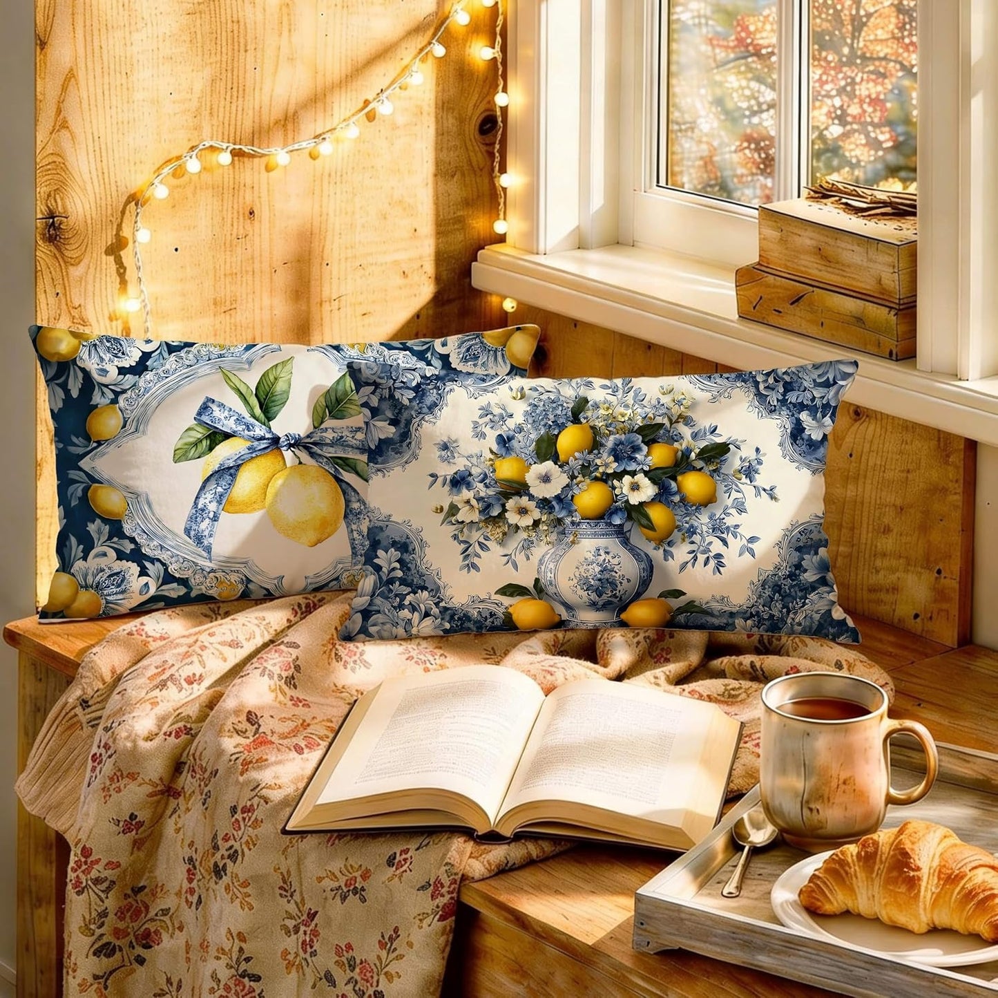 Mediterranean Italian Lemon Lumbar Pillow Covers 12x20 Set of 2, Amalfi Coast Blue and White Floral Bow Yellow Lemon Decorative Throw Pillow Covers Cases for Couch Bed Home Room Bedroom