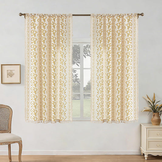 Yellow Boho Curtains 63 Inch Long for Living Room, Bedroom, 2 Panels Floral Farmhouse Vintage Tassel Semi Sheer Light Filtering Privacy Window Curtains Drapes with Rod Pocket