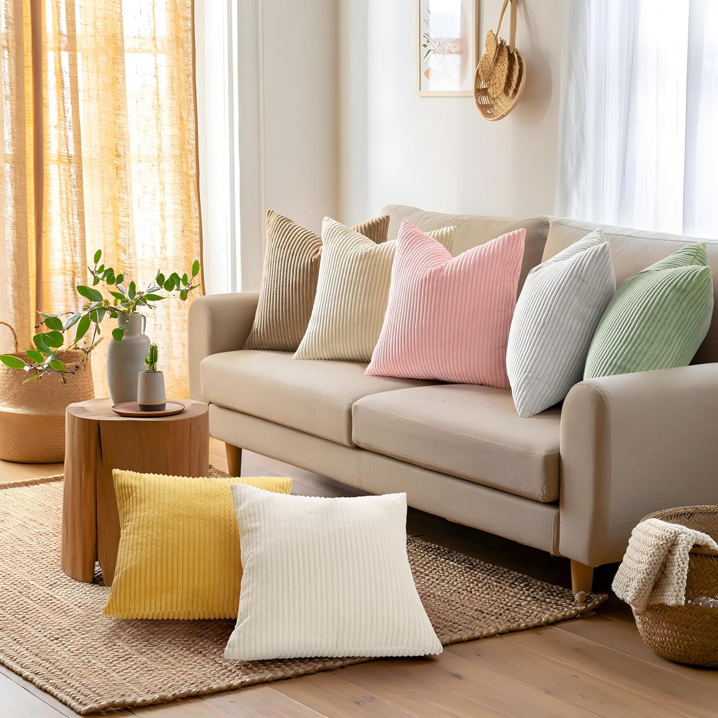 Mecatny Corduroy Summer Decorative Throw Pillow Covers 18x18 Set of 2 for Sofa Living Room, Soft Neutral Boho Couch Pillow Covers for Home Decor, Mustard Yellow