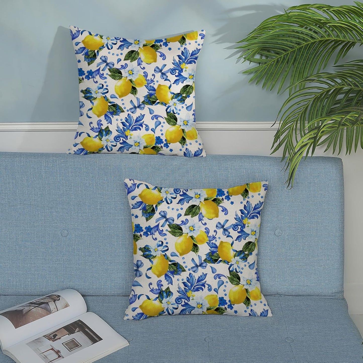 Spring Pillow Covers 18x18 Pack of 2 Blue Yellow Lemon Floral Throw Pillow Covers Outdoor Summer Seasonal Flower Decor Pillowcase Farmhouse Decorative Square Cushion Case for Home Couch