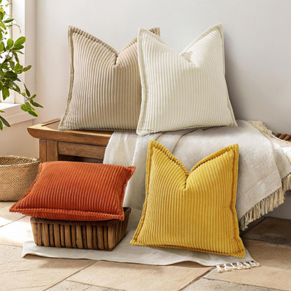 decorUhome Fall Corduroy Mustard Yellow Euro Sham Throw Pillow Covers 22x22 Set of 2 Decorative Soft Boho Farmhouse Couch Pillow Covers for Living Room Bed Sofa Broadside Striped Pillow Cases