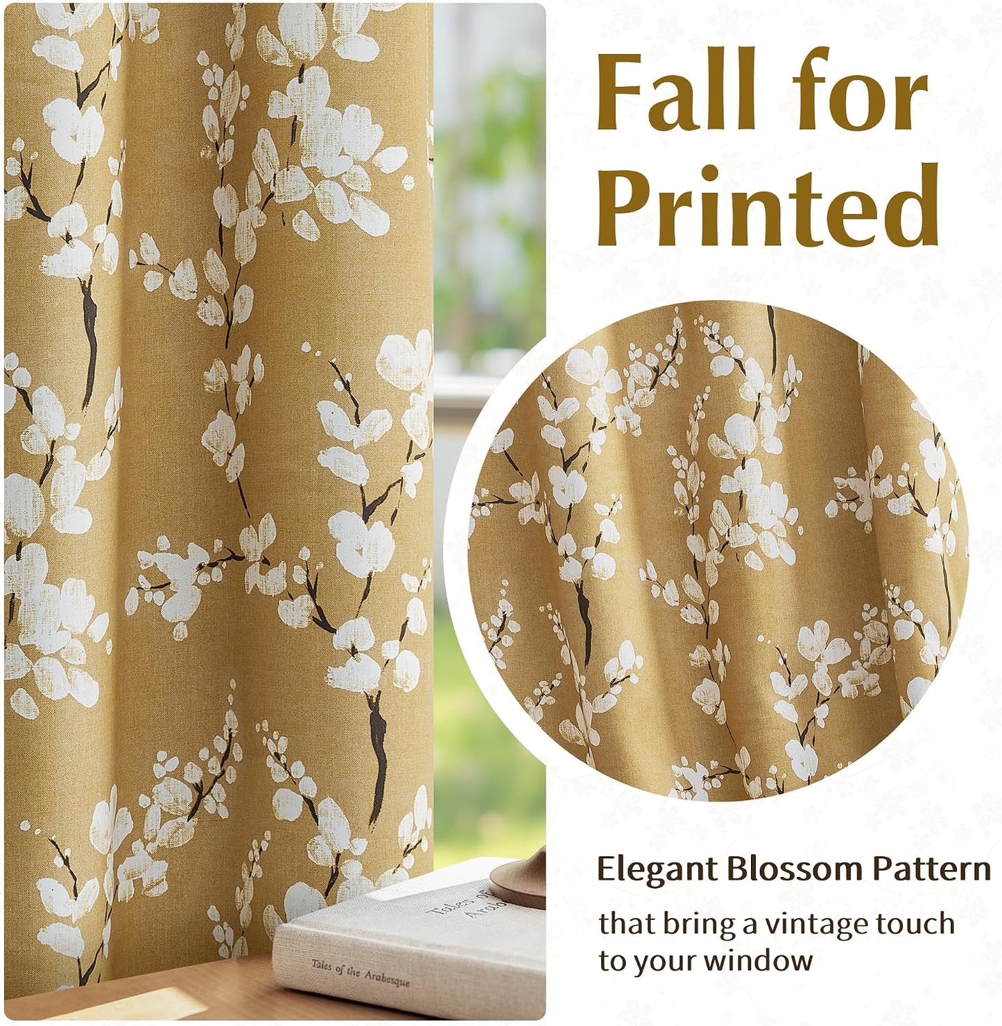 FMFUNCTEX 100% Blackout Floral Curtains for Bedroom, Mustard Yellow Curtain 84 inches Long Blossom Patterned for Living Room, Thermal Insulated Farmhouse Drapes, Grommet Top 2 Panels (White on Yellow)