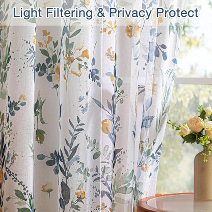 MYSKY HOME Sheer Floral Curtains 84 inches Long 2 Panels Set for Living Room Leaf Printed Summer Curtains for Bedroom Rod Pocket Window Drapes, Yellow and Blue, 52 x 84 inch