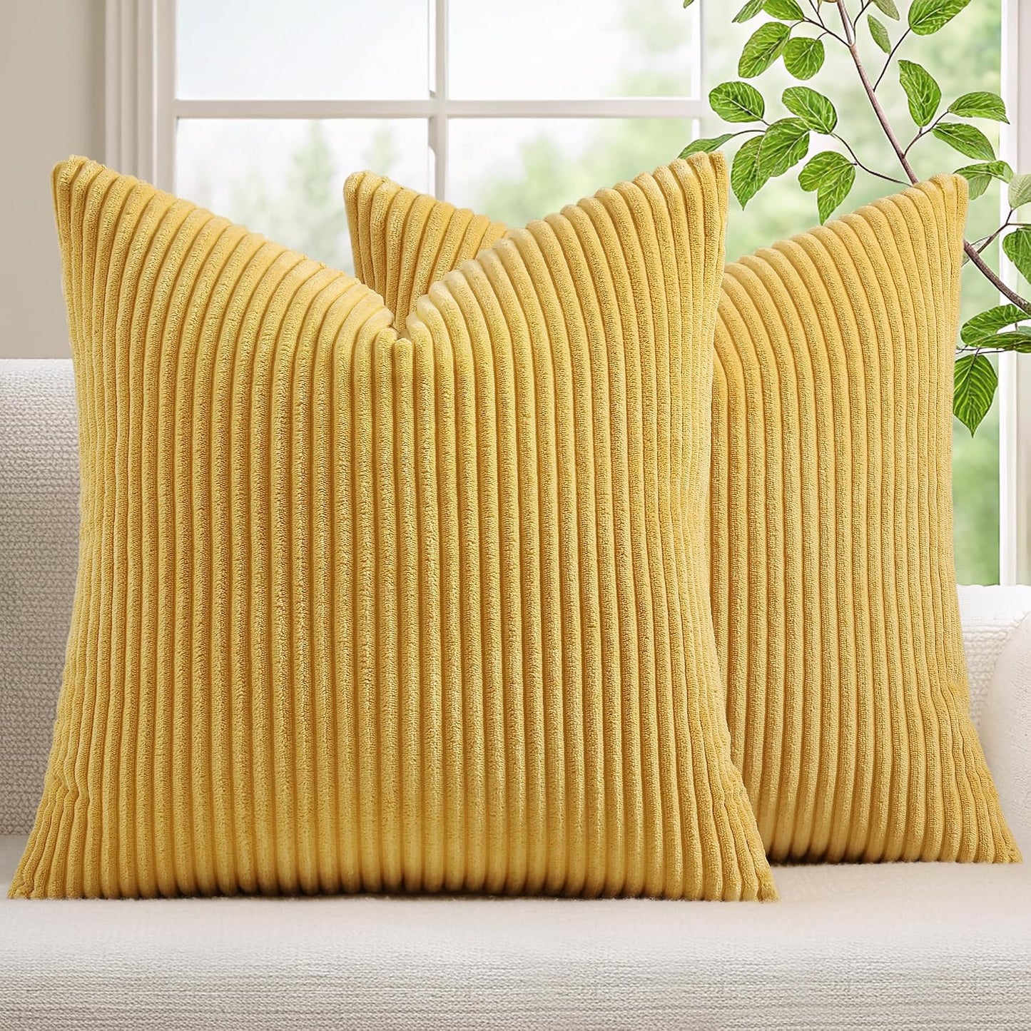 Mecatny Corduroy Summer Decorative Throw Pillow Covers 18x18 Set of 2 for Sofa Living Room, Soft Neutral Boho Couch Pillow Covers for Home Decor, Mustard Yellow