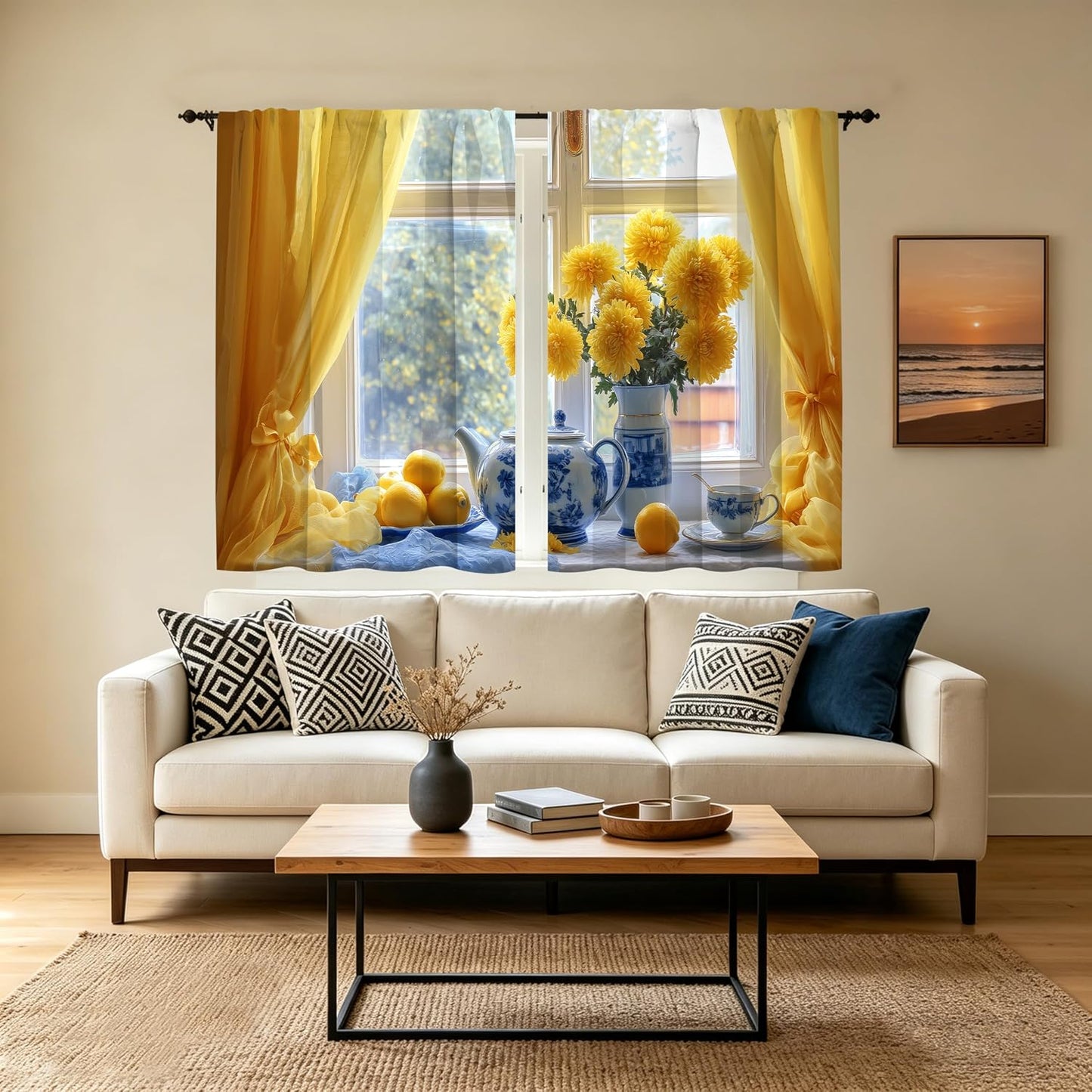 bassyil Yellow Flower Lemon Kitchen Curtains Cafe Curtains for Bathroom Dining Room Living Room Farmhouse Pocket Window Drapes 2 Panels Set Blackout Curtain 28"x36"