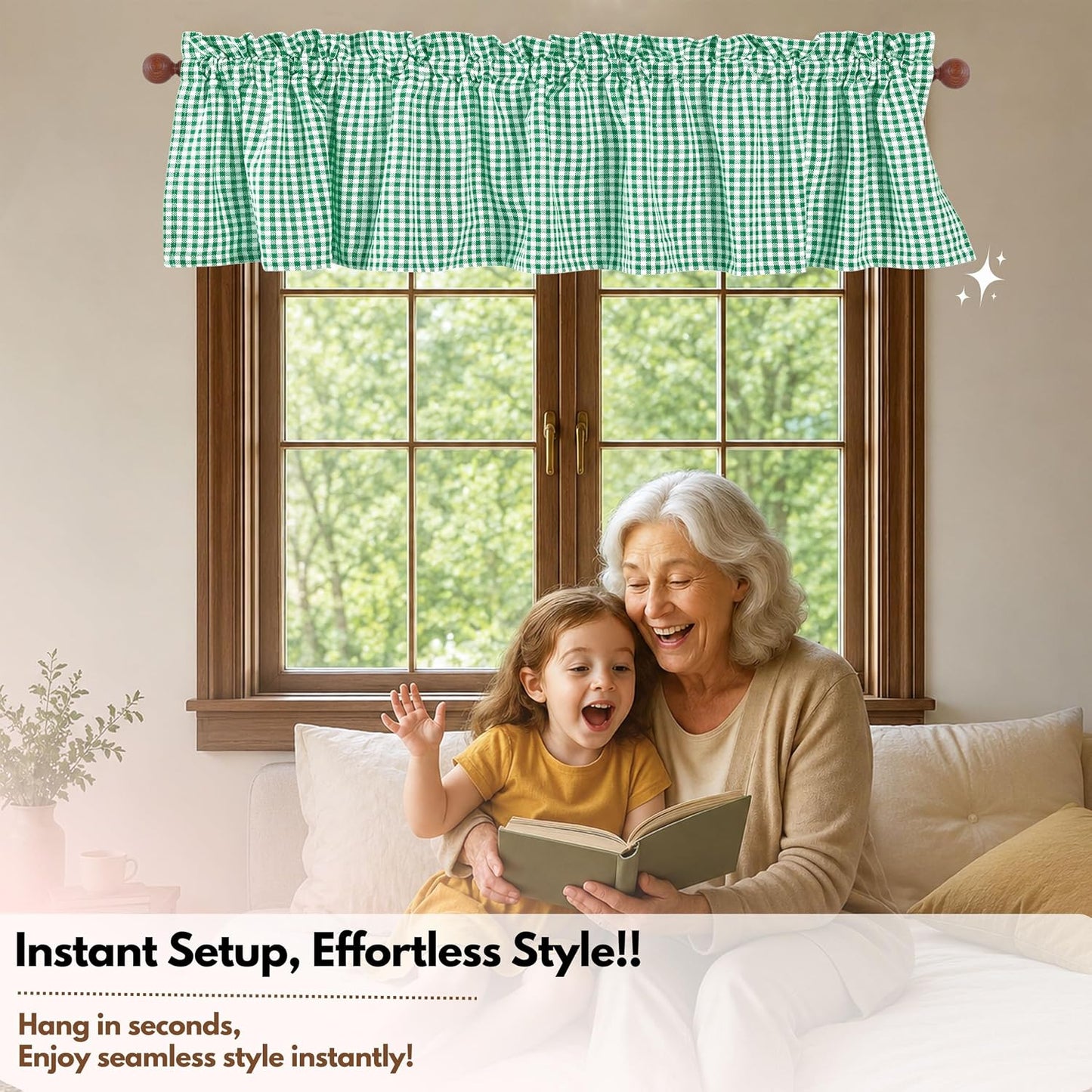 Native Fab Gingham Plaid Check 2 Pack Window Curtain Valance Set - Rod Pocket - Semi Sheer - Half Curtain for Kitchen, Bedroom, Living Room, Bathroom, Farmhouse - 54"x18" - Lemon Green