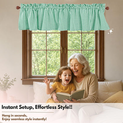 Native Fab Gingham Plaid Check 2 Pack Window Curtain Valance Set - Rod Pocket - Semi Sheer - Half Curtain for Kitchen, Bedroom, Living Room, Bathroom, Farmhouse - 54"x18" - Lemon Green
