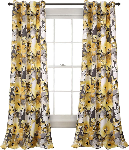 Lush Decor Floral Watercolor Light Filtering Window Curtain Panel Pair, 52"W x 84"L, Yellow & Gray