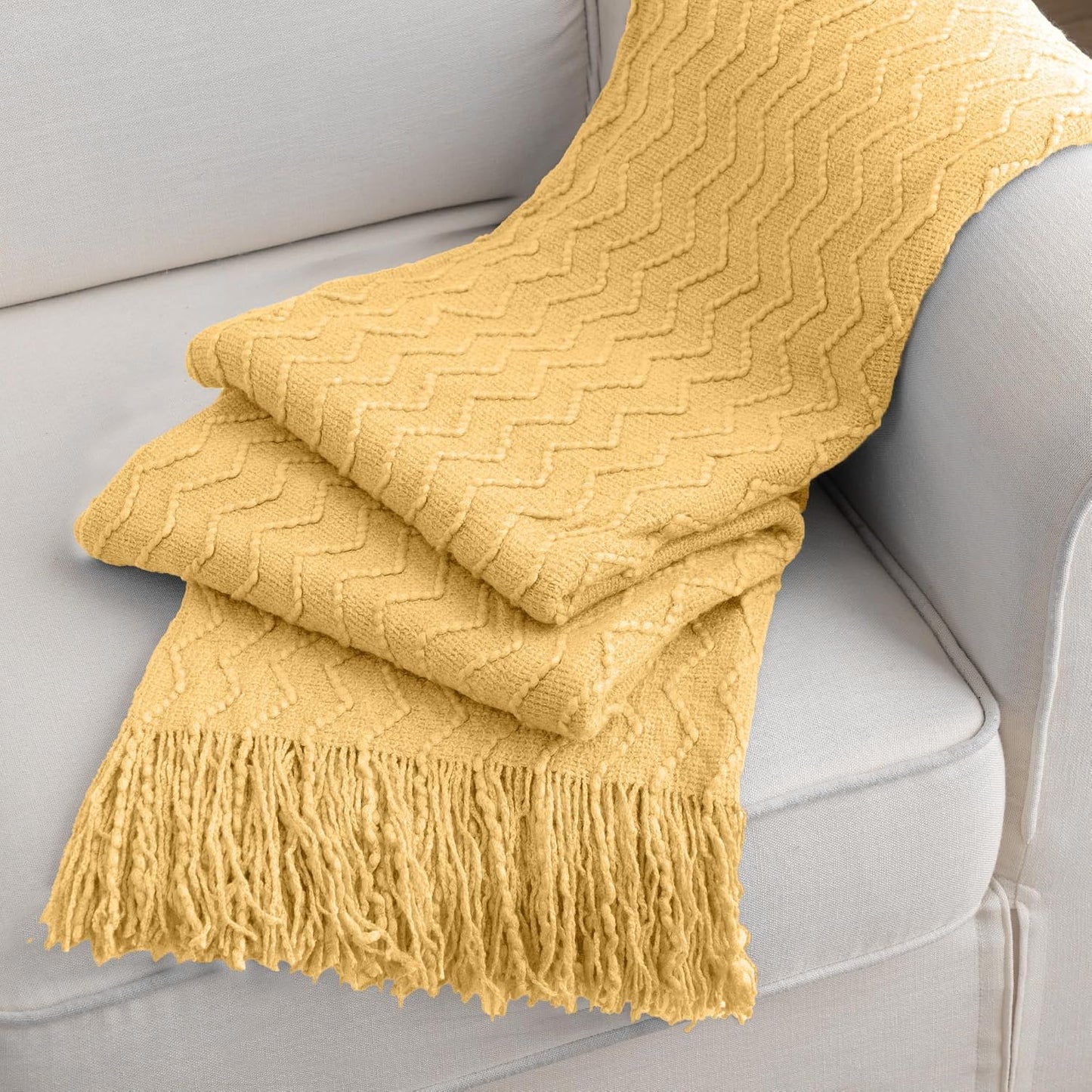 BATTILO HOME Yellow Throw Blanket for Couch, Textured Soft Gold Throw Blankets, Decorative Knitted Mustard Blanket for Sofa Bed Living Room, 50"x60"