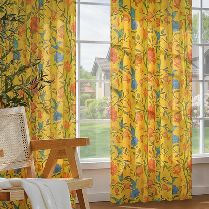 JOOJA Mustard Yellow Floral Linen Curtains, Boho Whimsical Bird Print Curtains for Bedroom Window Colorful Patterned Sheer Curtains for Living Room Kitchen 2 Panels 63 Inches Long