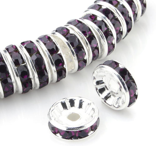 100pcs 10mm A+++ Round Rondelle Spacer Charm Beads Silver Tone Purple Czech Crystal