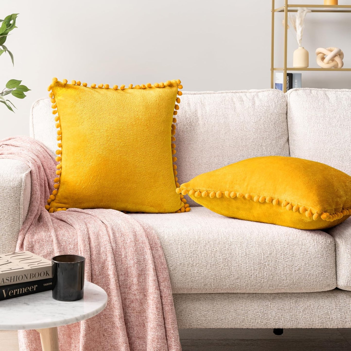 PAVILIA Mustard Yellow Throw Pillow Covers with Pom Pom 18x18 Set of 2, Decorative Pillow Cases for Bedroom Aesthetic, Small Throw Pillows Set for Bed, Velvet Euro Plush Cushion Covers for Sofa Couch