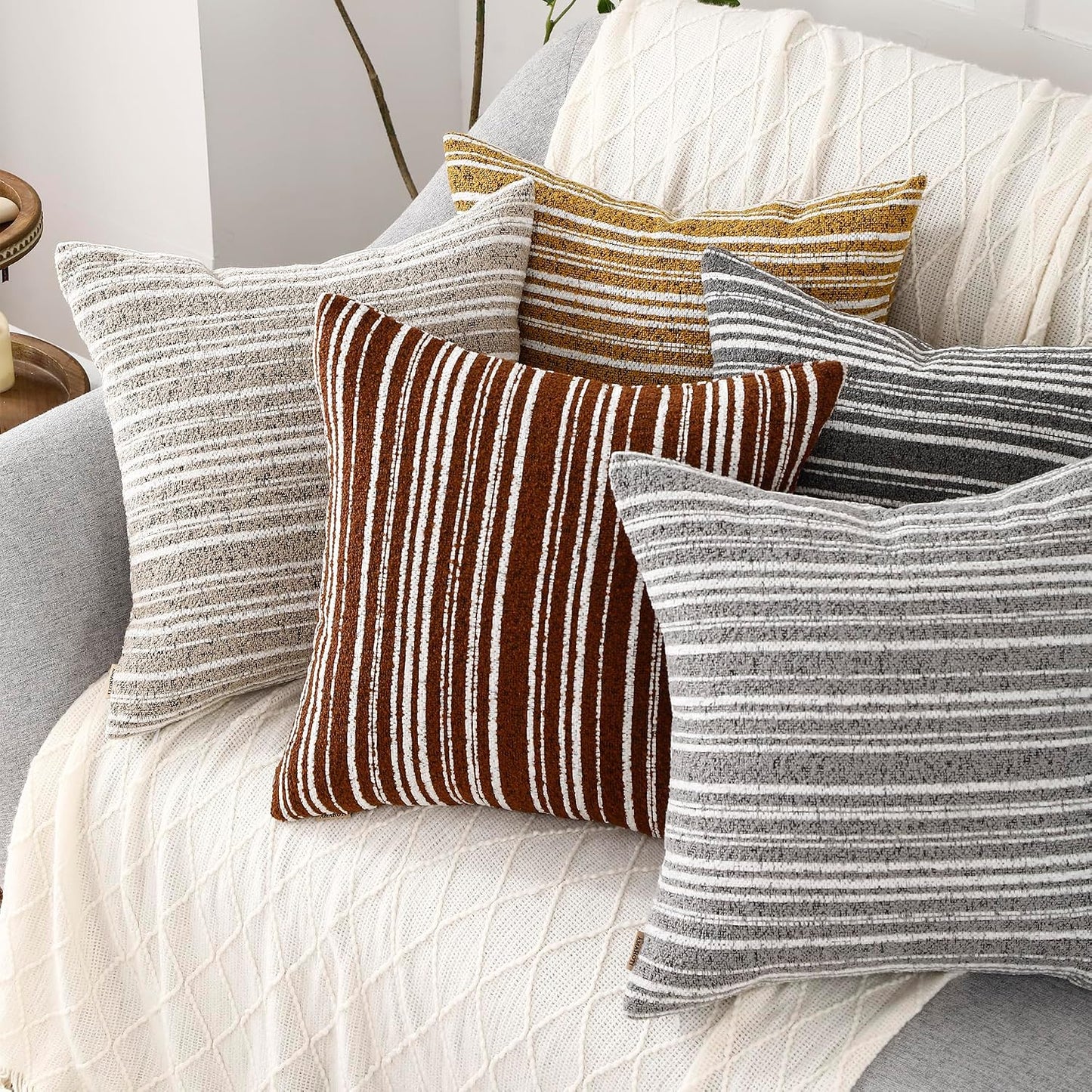 Yellow Striped Chenille Throw Pillow Covers 18x18 Inch Set of 2 Modern Farmhouse Decorative Cushion Covers for Sofa Couch Living Room Bedroom
