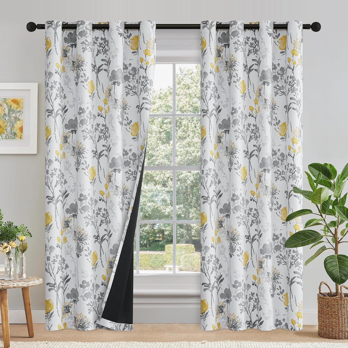 100% Blackout Floral Curtains 84 Inches Long for Bedroom, Living Room Thermal Insulated Flower Window Treatments, Noise Reduction Grommet Watercolor Pattern Drapes Grey Yellow 2 Panels Set