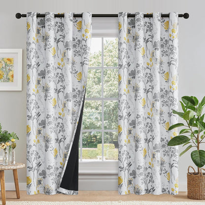 100% Blackout Floral Curtains 84 Inches Long for Bedroom, Living Room Thermal Insulated Flower Window Treatments, Noise Reduction Grommet Watercolor Pattern Drapes Grey Yellow 2 Panels Set