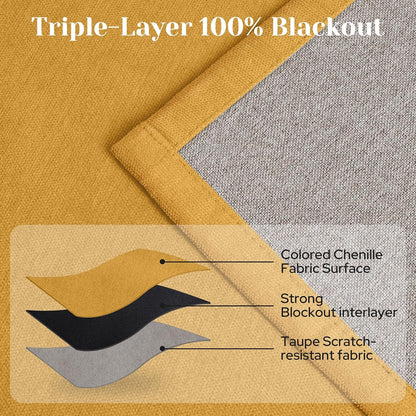 HOMEIDEAS 100% Chenille Blackout Curtains for Bedroom Yellow Curtains 63 Inch Length 2 Panels for Living Room Thermal Insulated Rod Pocket & Back Tabs Window Drapes, W52 x L63