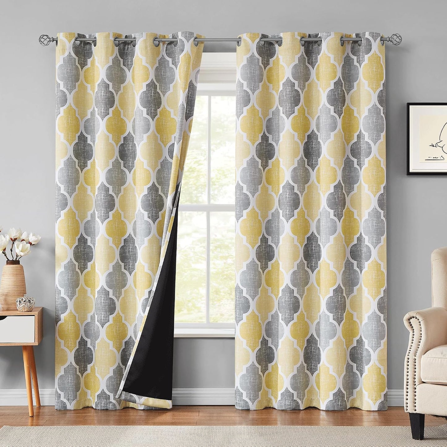 Beauoop 100% Blackout Curtains 84 Inches Long 2 Panels for Bedroom Living Room Yellow Grey Moroccan Geo Room Darkening Thermal Insulated Soundproof Grommet Top Window Treatments Drapes, 50x84 Set of 2