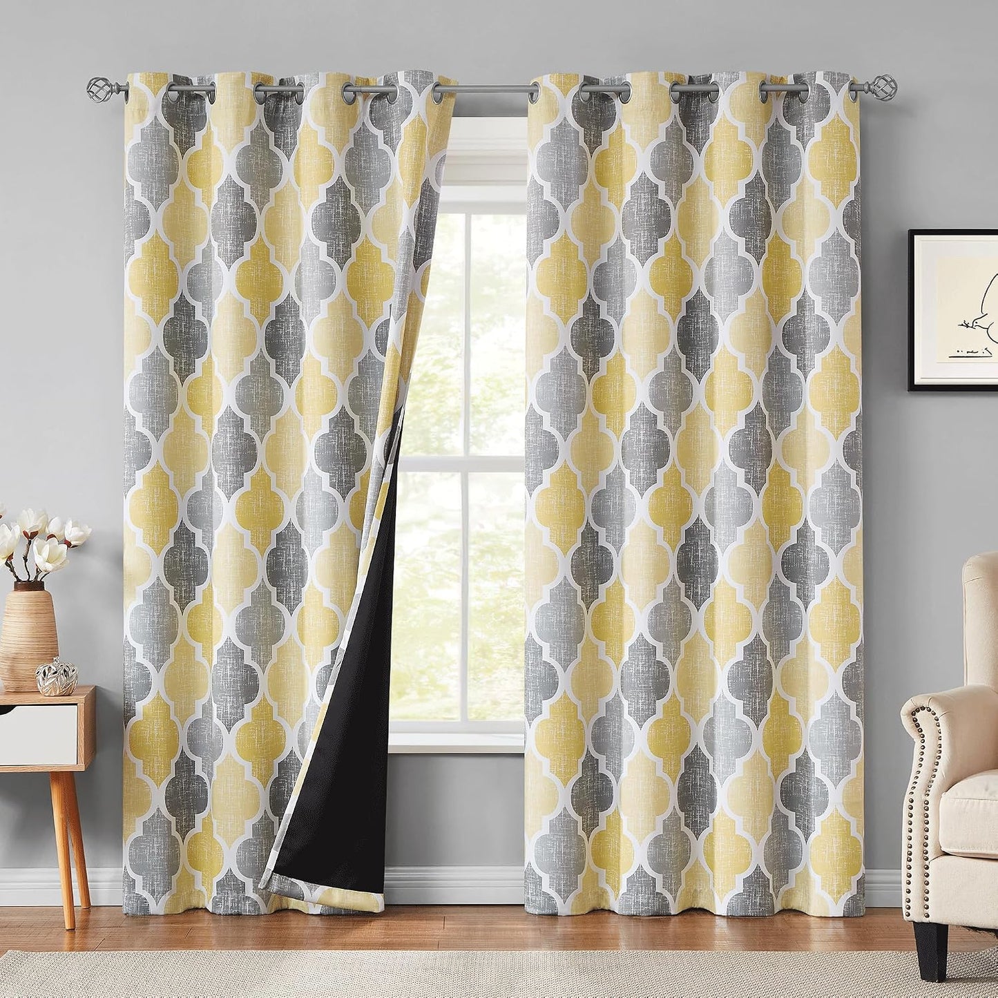 Beauoop 100% Blackout Curtains 108 Inches Long 2 Panels for Bedroom Living Room Yellow Grey Moroccan Geo Room Darkening Thermal Insulated Soundproof Grommet Top Window Treatments Drapes, 50x108x2
