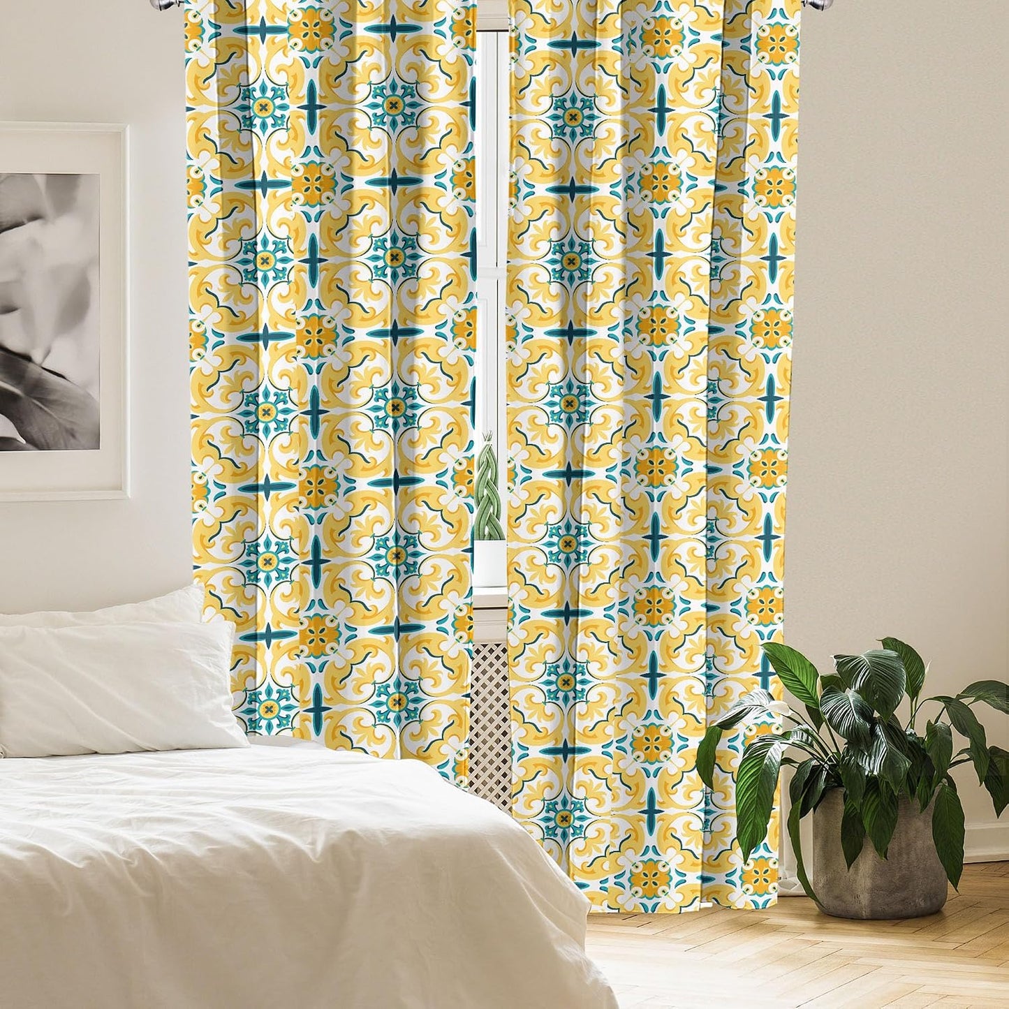 Ambesonne Victorian Window Curtains, Swirling Botanical Inspired Motif Repetition, Lightweight Decor 2-Panel Set with Rod Pocket, Pair of - 28" x 95", Mustard