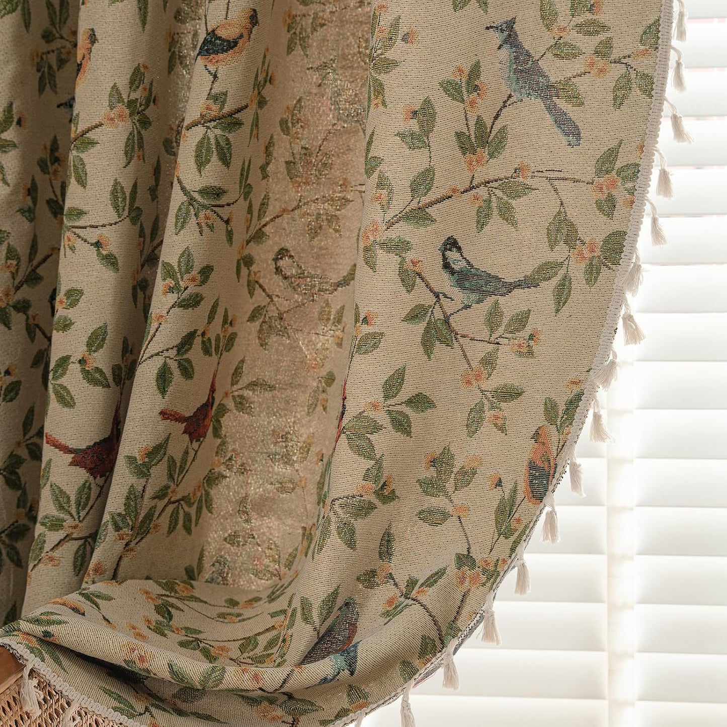 Farmhouse Bird Jacquard Curtain Panels with Tassel 78 Inches Botanical Pattern Light Reducing Thermal Insulated Rod Pocket Curtains/Panels/Drapes for Living Room (Yellow,59"x78")