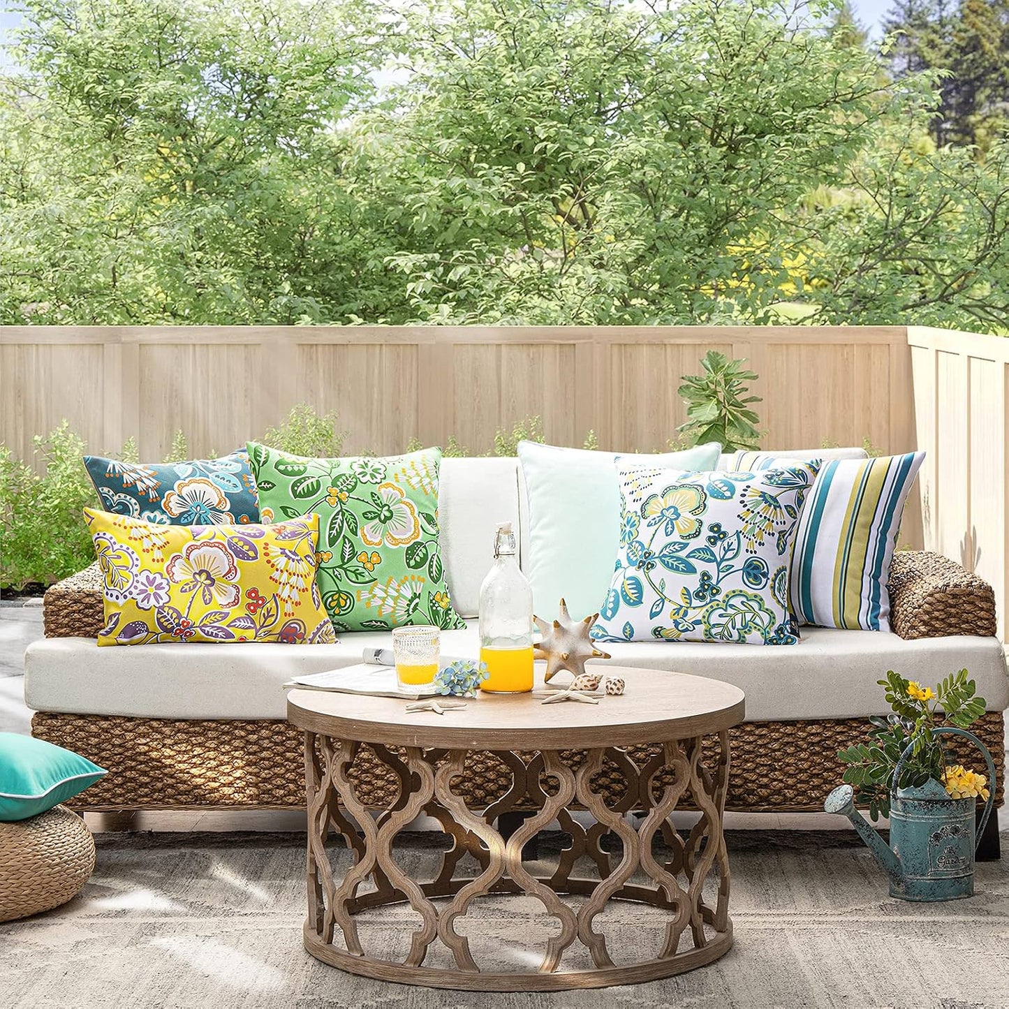 Phantoscope Pack of 2 Outdoor Indoor Throw Decorative Pillow Cover Decorative Waterproof Striped Floral Patio Pillows Cushion Case for Couch Tent Park, Yellow 20 x 20 Inches