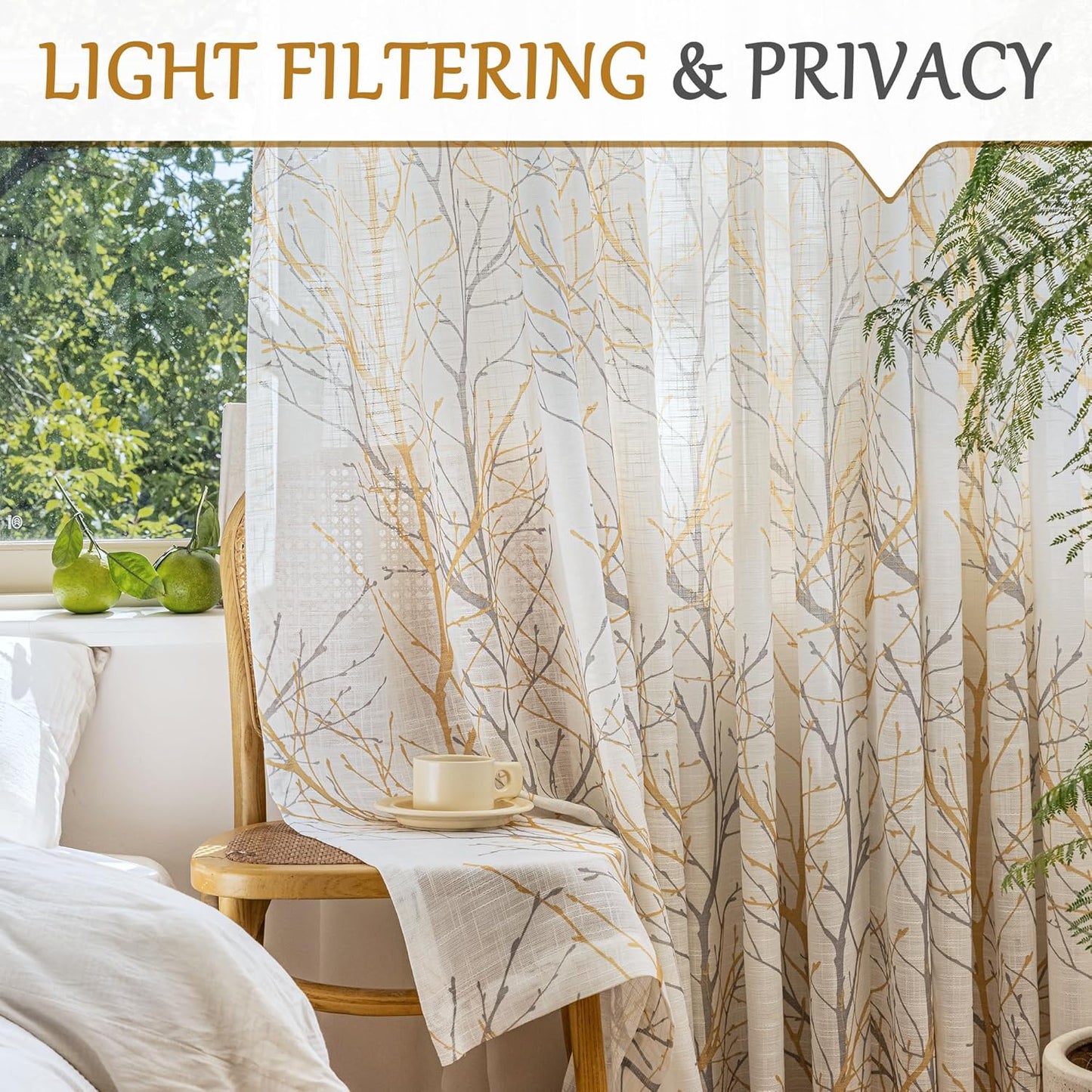 FMFUNCTEX Linen Semi Sheer Curtains for Bedroom, Yellow White Curtains 84 Inches Long for Living Room, Grey Tree Branch Print Curtain Light Filtering Farmhouse Window Drapes, Grommet Top 2 Panels