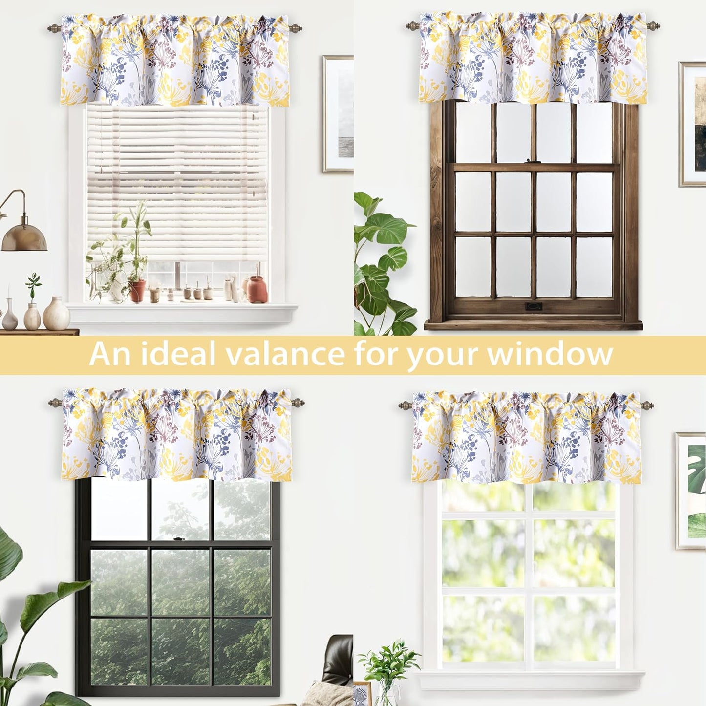DriftAway Acacia Floral Blossom Watercolor Printed Room Darkening Thermal Insulated Window Curtain Valance Rod Pocket Single 52 Inch by 14 Inch Plus 2 Inch Header Yellow