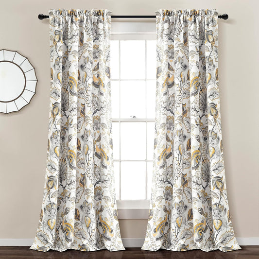 Lush Decor Cynthia Jacobean Light Filtering Window Curtain Panel Pair, 84" L x 52" W, Yellow & Gray