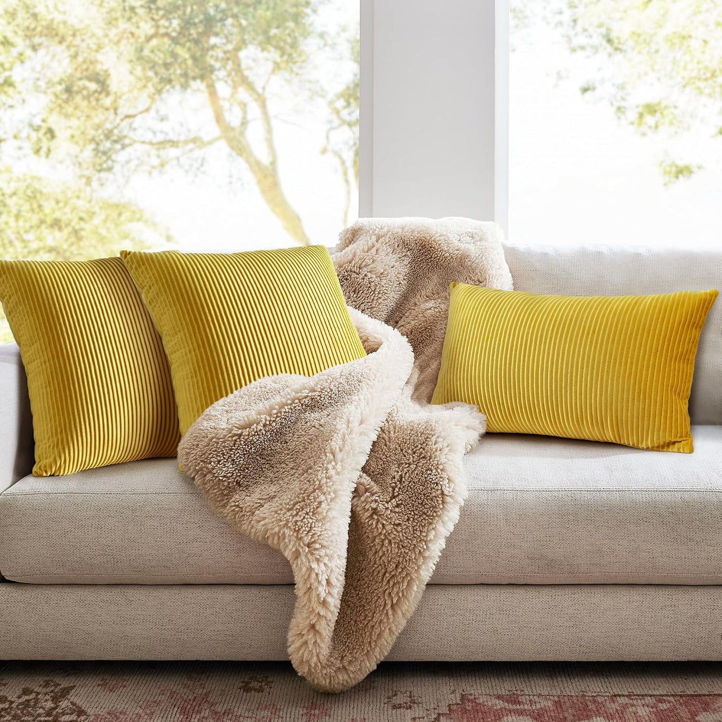 YCOLL Yellow 12x20 Pillow Cover Set of 2 Velvet Striped Pattern - Soft Throw Pillows for Home Decor, Luxury Decorative Pillow Covers for Couch, Bed,Living Room
