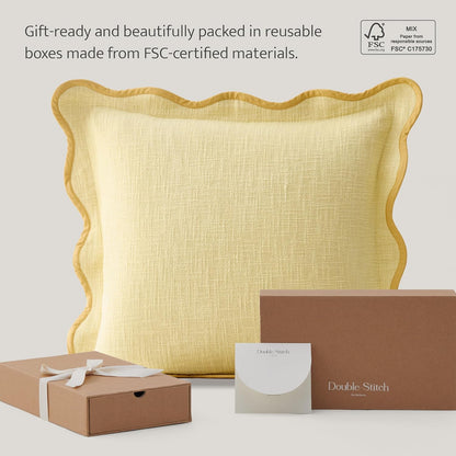 Double Stitch Scalloped Throw Pillow Covers - 100% Cotton Set of 2 Decorative Boho Pillow Covers 20 x 20, Made in India, Square Cushion Case, Modern Home Decor for Couch Sofa, Lemon Yellow